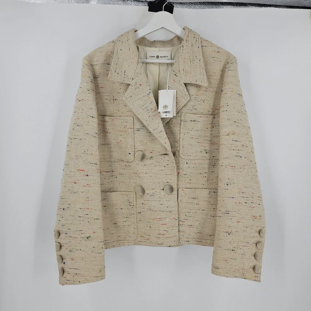 Tory Burch Confetti Twill Tweed Blazer Jacket Beige Double Breasted NWT $998 14